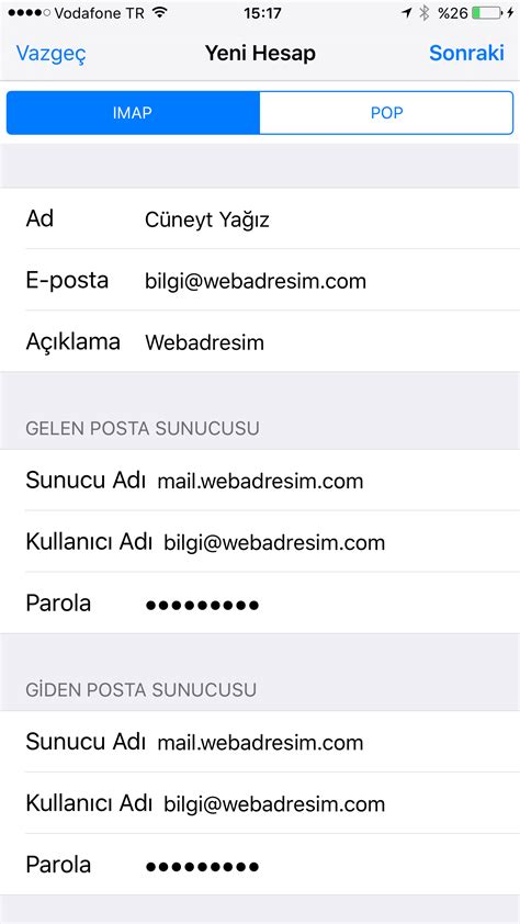 iphone outlook pop3 mail kurulumu